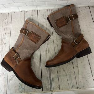 Harley Davidson Womens Heatherton Biker Boots Brown Leather Canvas Zip Size 8.5